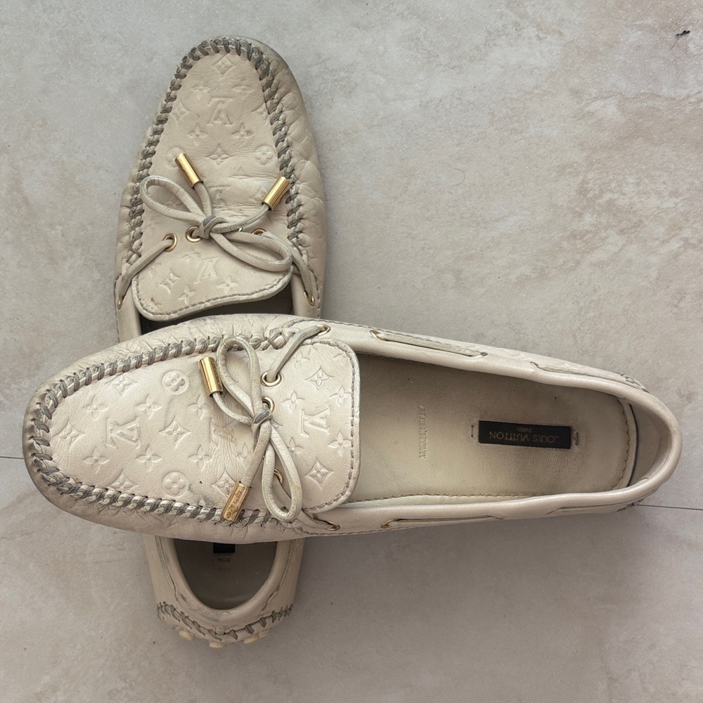 Louis Vuitton Ivory Monogram Driving Loafers with Gold Accents